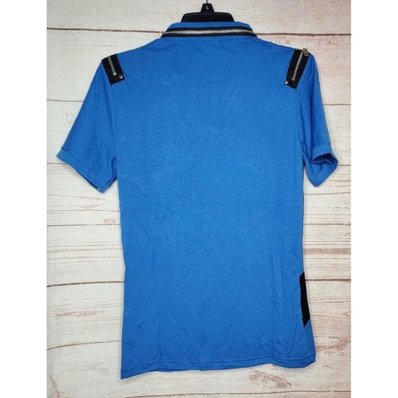 Vento Vassari Blue Zipper Design Slim Fit Zipper Collar Short Sleeve Med Shirt - Picture 6 of 12